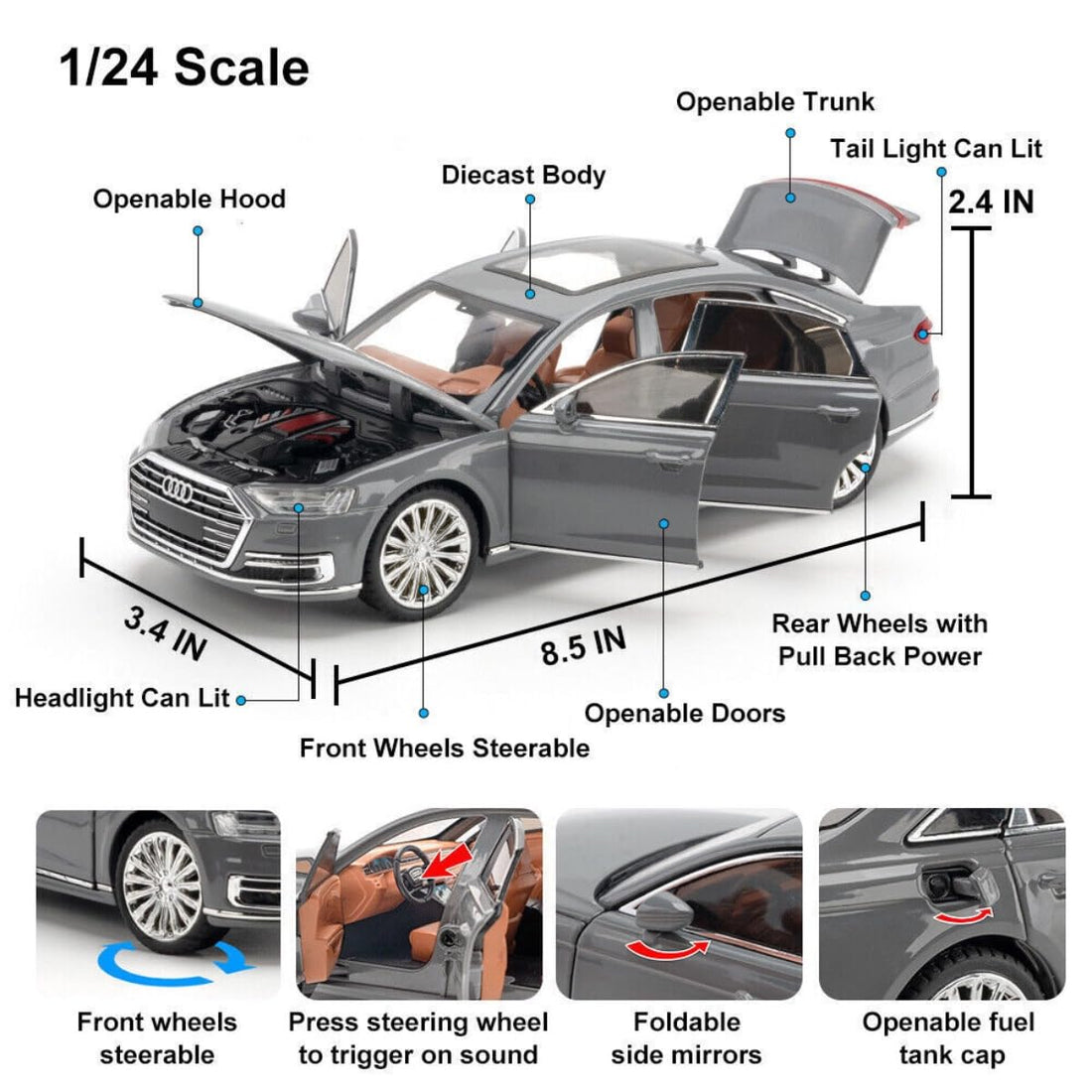 1:24 Audi A8 Die-Cast Model Metal Car